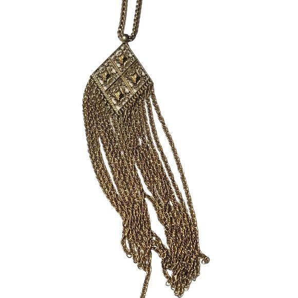 Stella & Dot Retired Makena Golden Tassel Pendant Rope‎ Necklace Fretwork - Picture 2 of 7